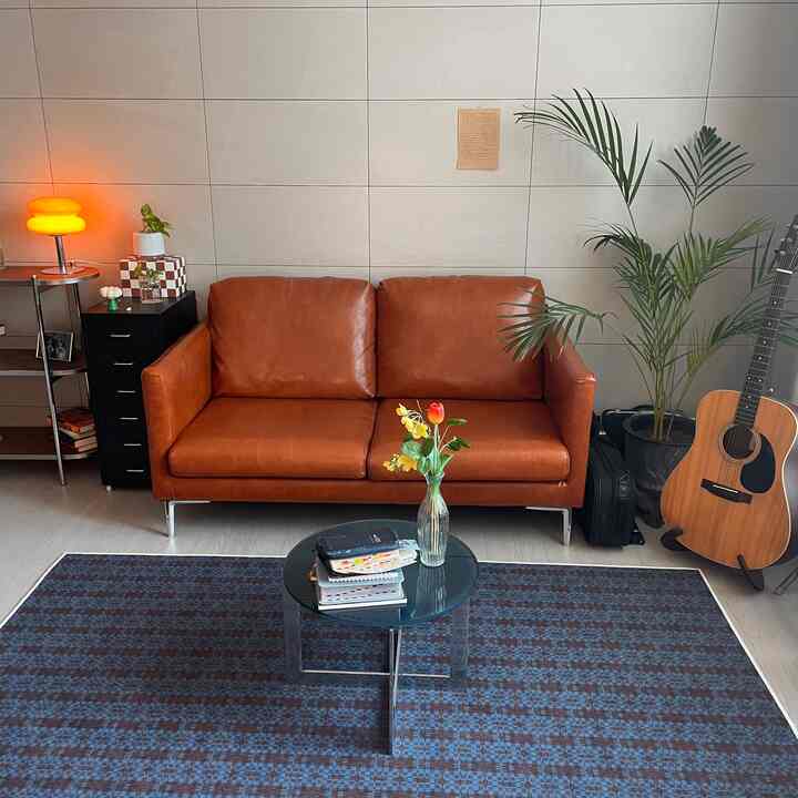 ブラウンのレザーソファが中央に置かれたモダンなリビング、ブルーのパターンラグと植物が調和する雰囲気のあるインテリア