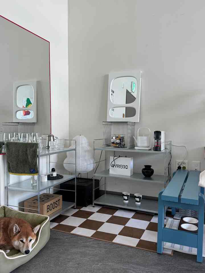 ブラウンとブルーのトーンの小さな空間に、メタルシェルフと青いベンチ、ペットベッドが配置されたモダンなおうちカフェの雰囲気のあるインテリア