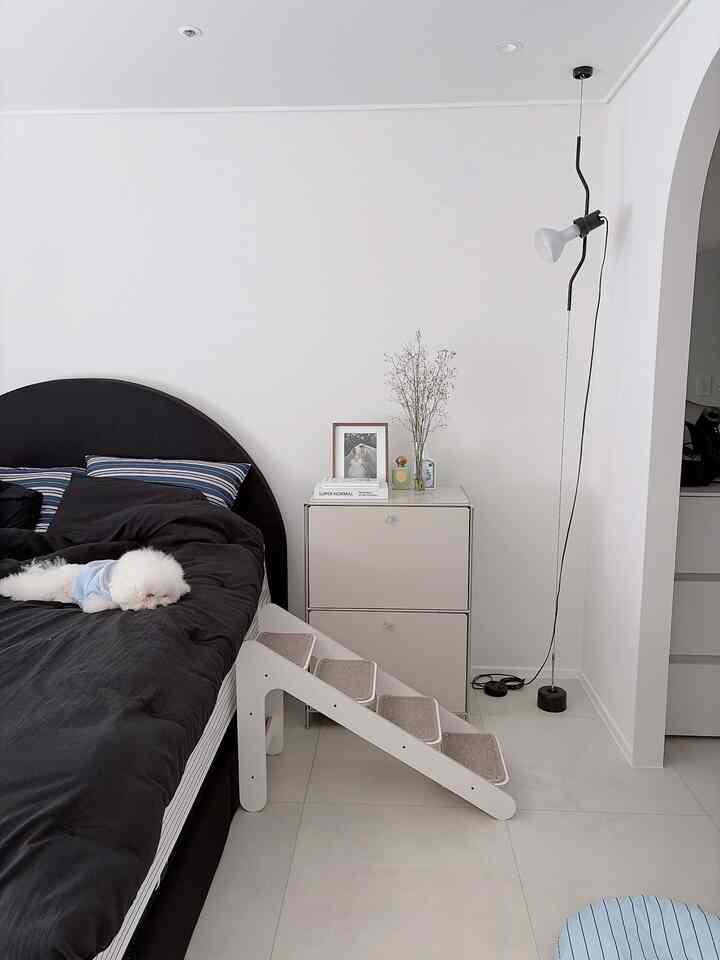 ブラックとホワイトのトーンの寝室、黒いベッドと枕、枕のそばに小さな犬が寝ている温かみのある空間