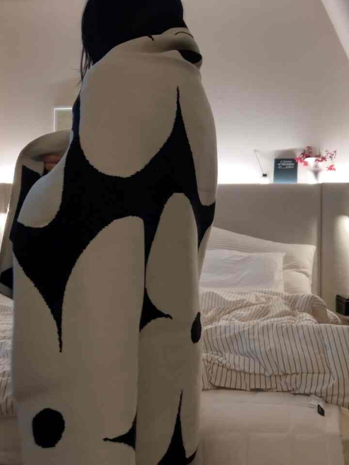 黒と白のトーンの寝室、ストライプの掛け布団と大きなブランケットが配置された雰囲気のあるインテリア