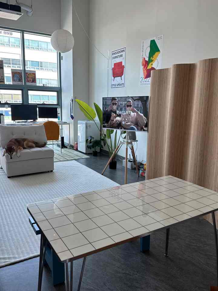 White and natural color living room featuring a sofa, TV stand, and a dog resting comfortably in a cozy space