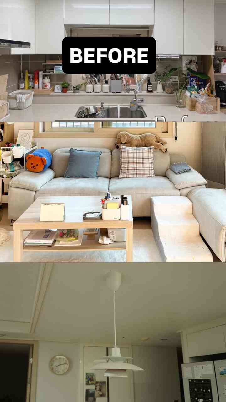 ベージュとナチュラルカラーのリビングルーム、広いソファとペットステップが配置された雰囲気のある空間