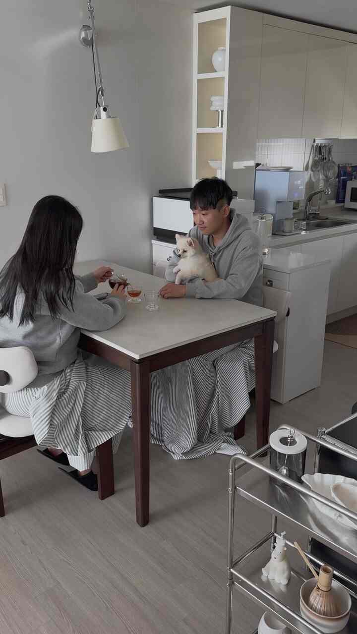 ホワイトとウッドトーンの調和が取れたダイニングルーム、中央にダイニングテーブルと椅子を配置し、夫婦と犬が秋の穏やかなティータイムを楽しむ雰囲気のあるインテリア