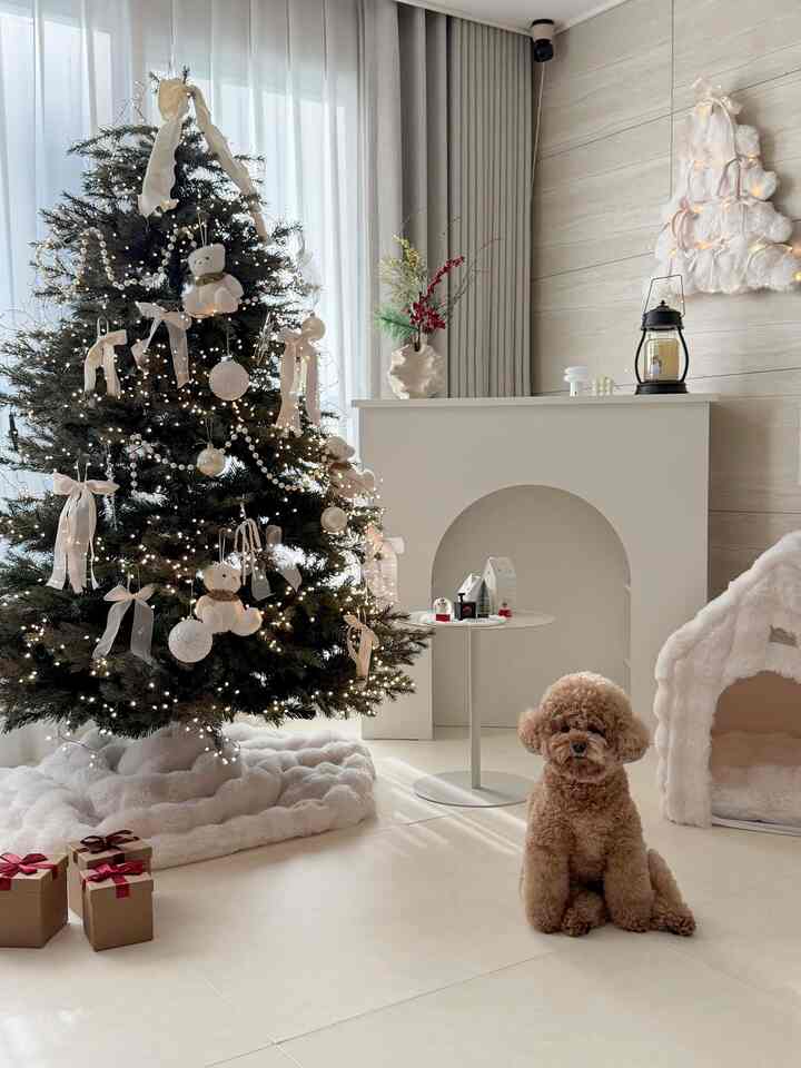 白とベージュの色調のリビングルームに、クリスマスツリー、ペットハウス、犬が配置された雰囲気のある空間