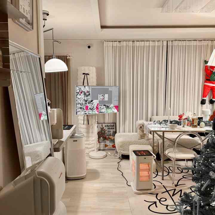 White and natural-colored living room featuring sofa and TV stand with cozy and modern atmosphere