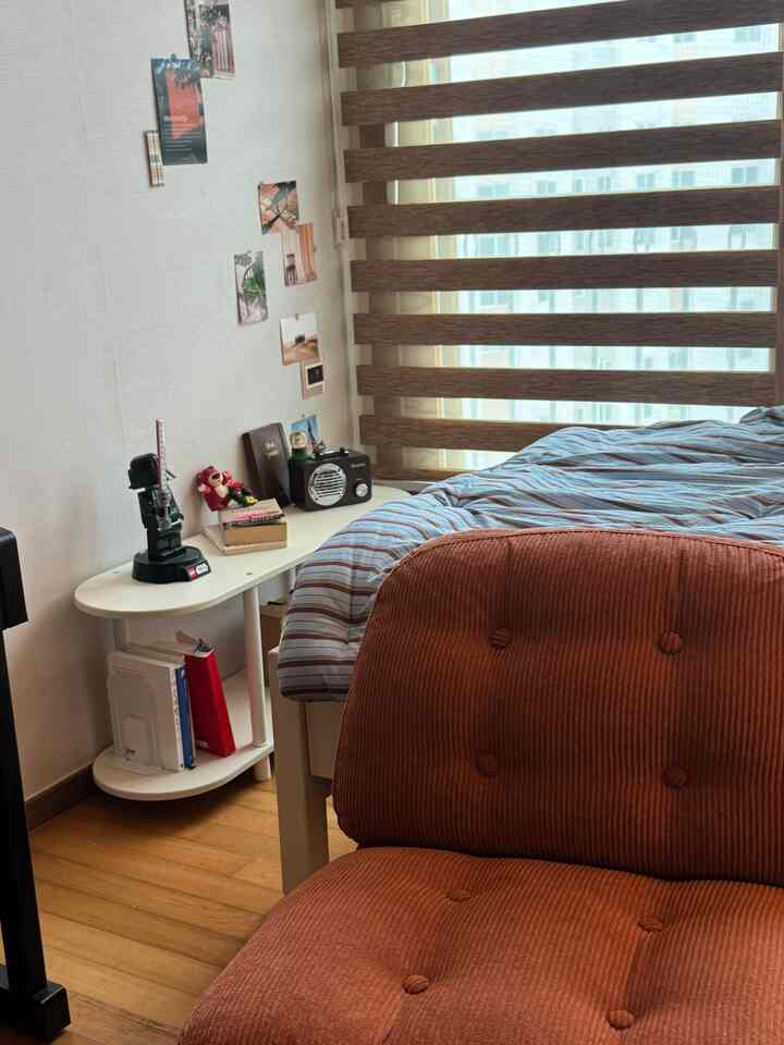 ブラウンのソファとブルーのストライプ寝具が配置された、居心地の良いモダンな寝室