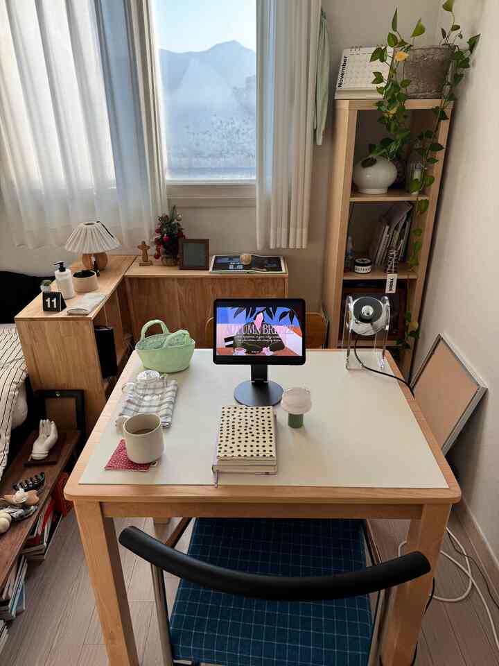 白と木目調の調和がとれたワンルームのホームオフィス、机と本棚、植物が暖かい雰囲気を醸し出す空間