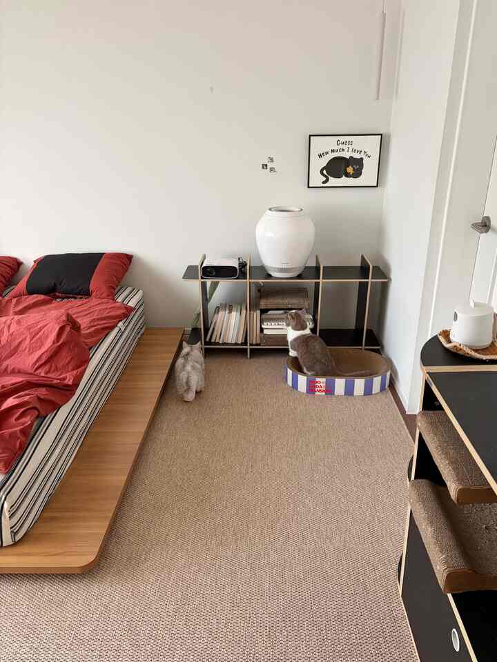 ベージュ色調の寝室、ベッドと爪とぎが配置され、猫と暮らす印象的な空間