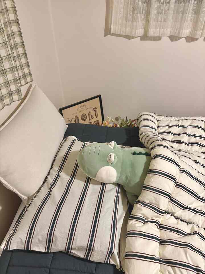 白とネイビーの色調の寝室、ストライプの寝具と動物のクッションが置かれた雰囲気のあるインテリア