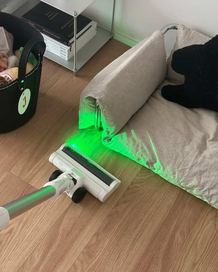 木目調の床とベージュのフロアクッション、ペットおもちゃが入った黒いバスケットのある雰囲気のある空間