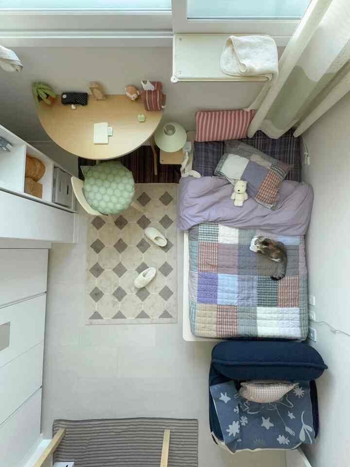 ナチュラルな色調のワンルーム小部屋、机とベッド、猫がいる居心地の良い空間