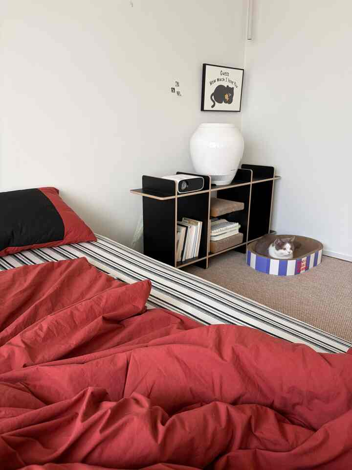 白い壁とナチュラルカラーのラグがある寝室、赤い寝具とキャットスクラッチャー、丸いキャットベッドが配置された雰囲気のある空間