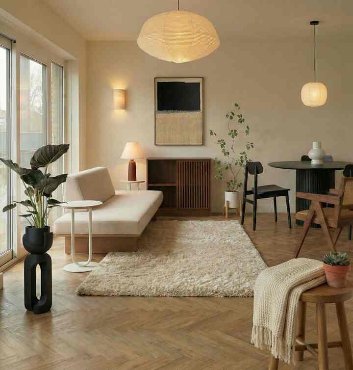 Beige and wood tone living room featuring soft rug, neat sofa, and natural material furniture, creating a cozy atmosphere.