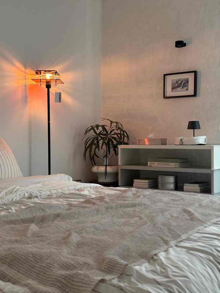 ナチュラルカラーの寝室、枕とスローのあるベッド、ヴィンテージのフロアランプ、棚と植物が配置されたシンプルなインテリア