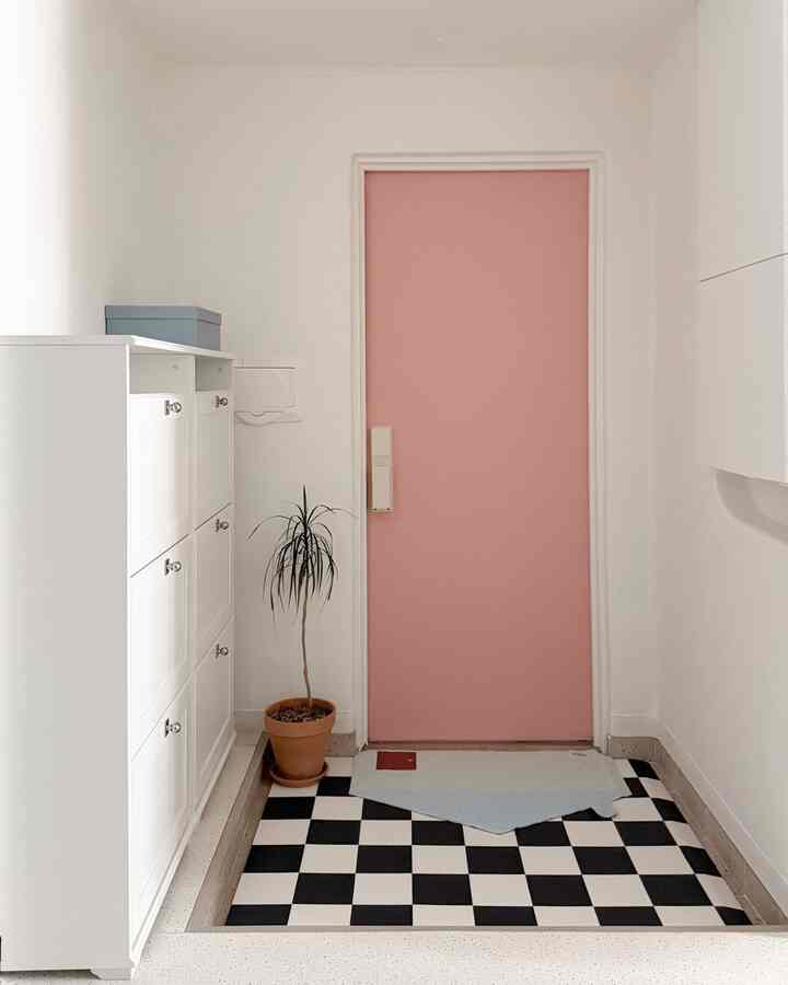 Clean entrance in white and pink tones featuring a shoe cabinet and potted plant with a cozy atmosphere