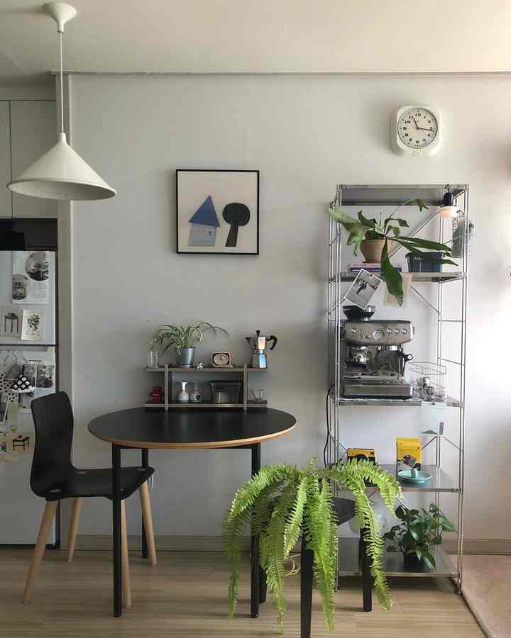Modern kitchen space with white walls and wood-tone flooring, featuring a black table and chair, coffee machine shelf, and abundant plants in a bright, tidy interior