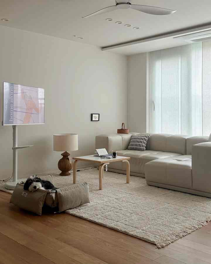 ベージュ色調のリビング、広いソファとラグ、ペットの犬がいる暖かくモダンなインテリア