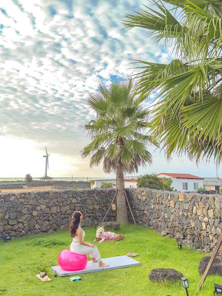 Outdoor space with blue sky and stone walls featuring a woman exercising on a pink ball and a white dog resting on grass, natural setting