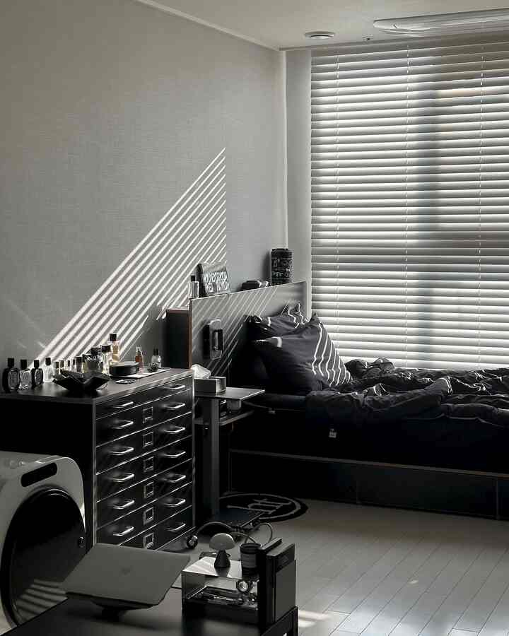 Black and white toned bedroom featuring large window with blinds, black bed and dresser in a modern setting