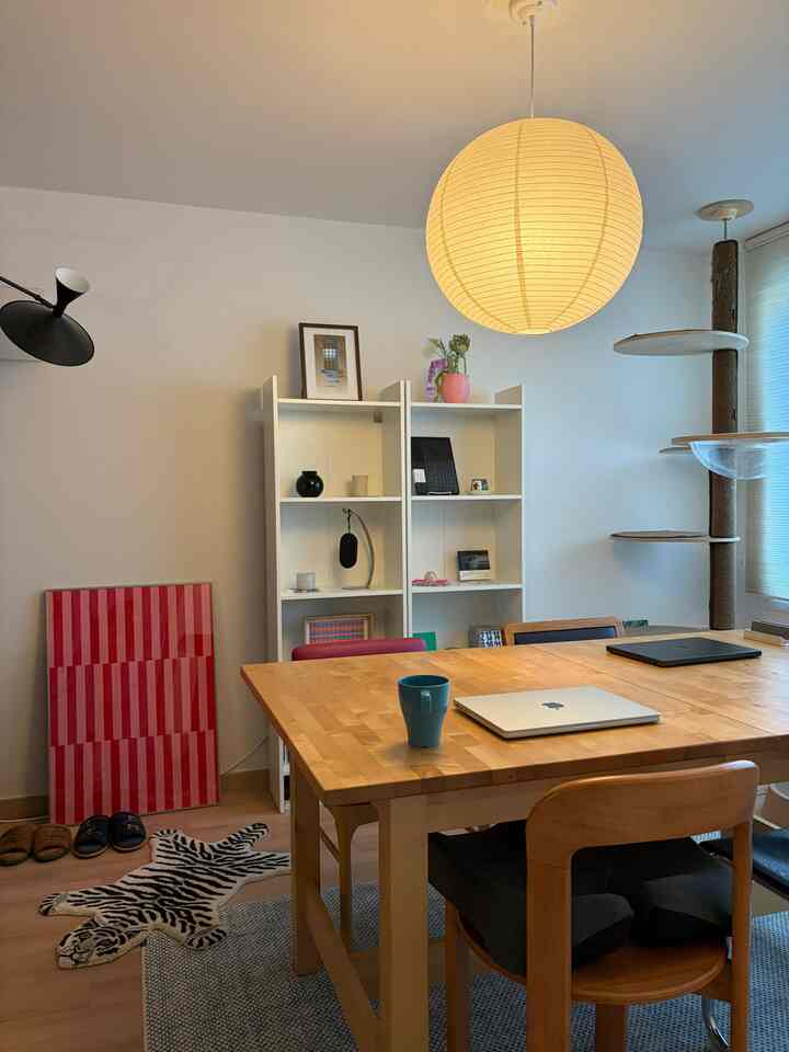 温かみのあるウッドトーンと白を基調としたダイニング、キャットタワーとペンダントライトが配置された落ち着いた空間