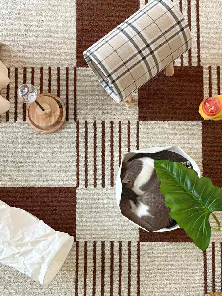 ブラウンとベージュの色調のリビングラグにチェック柄のスツールと眠る猫がいる雰囲気のある空間
