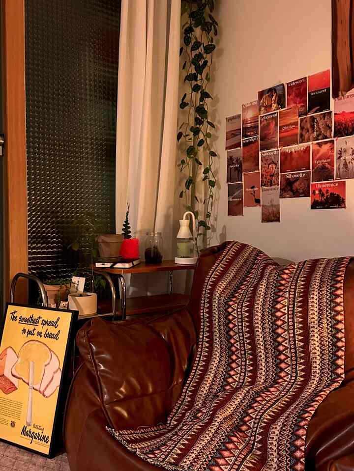 Warm brown and natural toned living room featuring a bean bag sofa, wall posters, and plants arranged for a cozy atmosphere