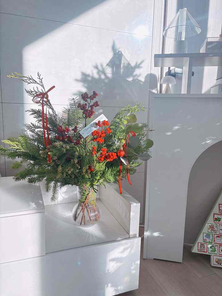 #無トリチャレンジ 

花瓶に差し込んだ生花 クリスマスブッシュひとつで香ばしい香りが広がり、空間に木のような存在感が生まれます。飾らなくても十分で、どこに置いても自然に似合い、お香まで残ってより良い小さな木です。 

＃生花ブッシュ 