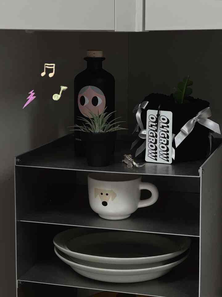 黒いメタル棚にキッチン小物やマグカップ、皿が配置されたシンプルでモダンなキッチンの空間