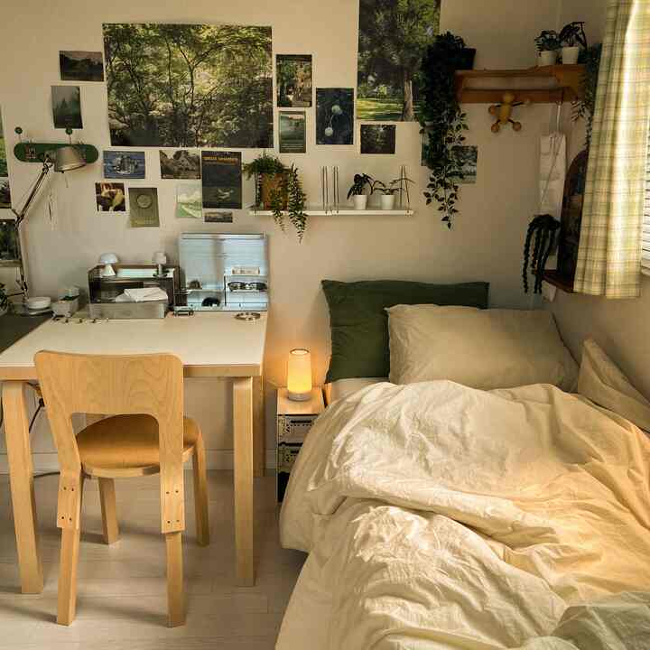 Natural-tone single household bedroom space featuring wooden desk and chair, wall shelf with plants, creating a cozy atmosphere
