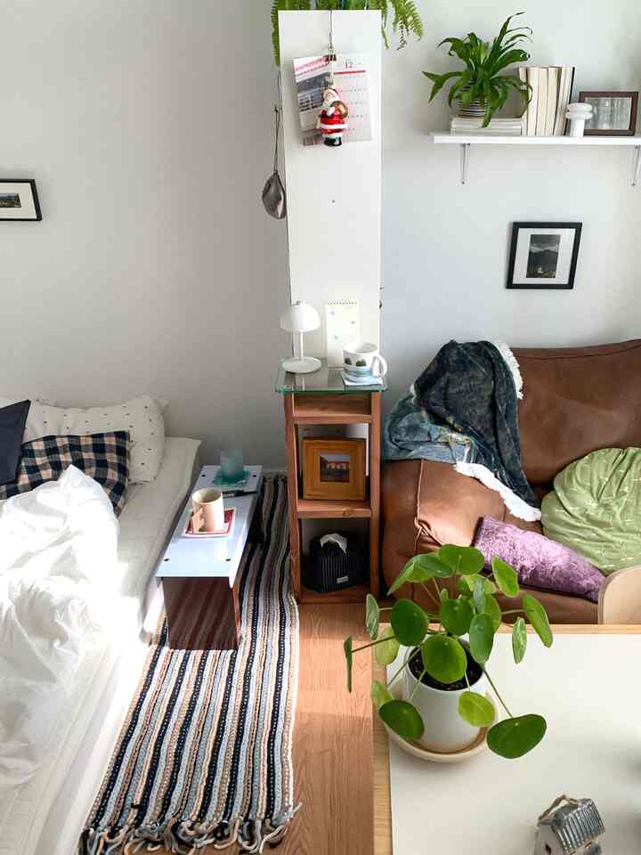 A small living room in white and brown tones featuring sofa, bed, and dining table with natural and minimal interior style