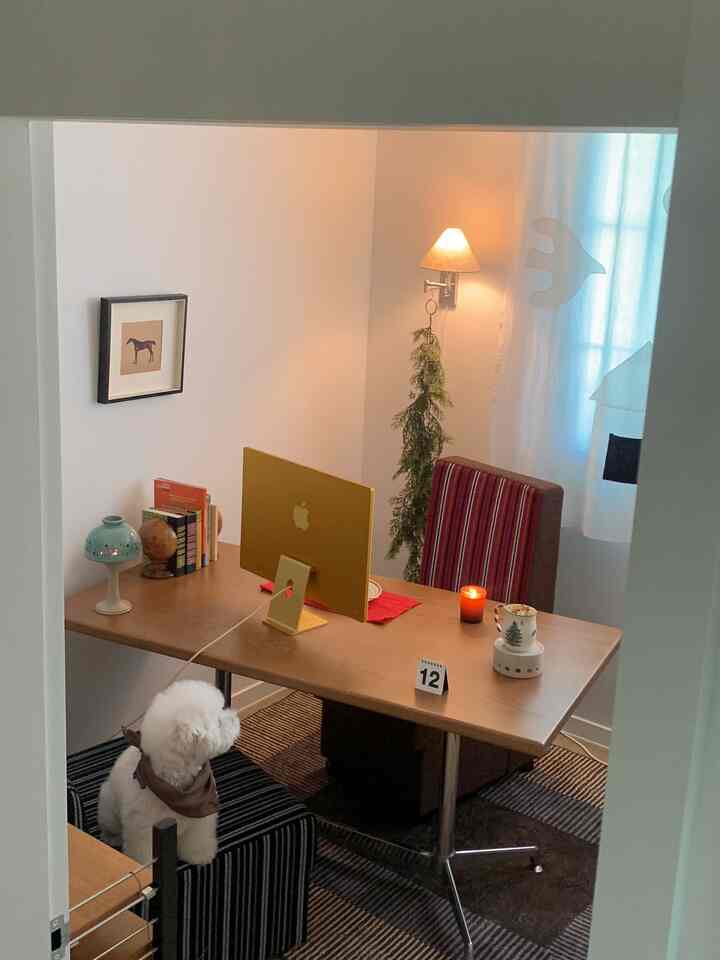 白い壁とブラウンのデスクが配置された居心地の良いホームオフィス空間、ストライプのソファに犬が座っている