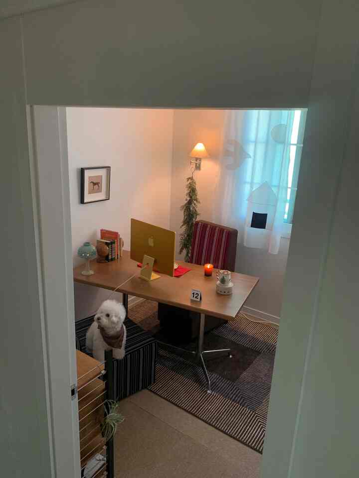 ナチュラルな色調の書斎、木製テーブルと壁掛け照明、ラグ、小さな犬がいるシンプルで整ったホームオフィス