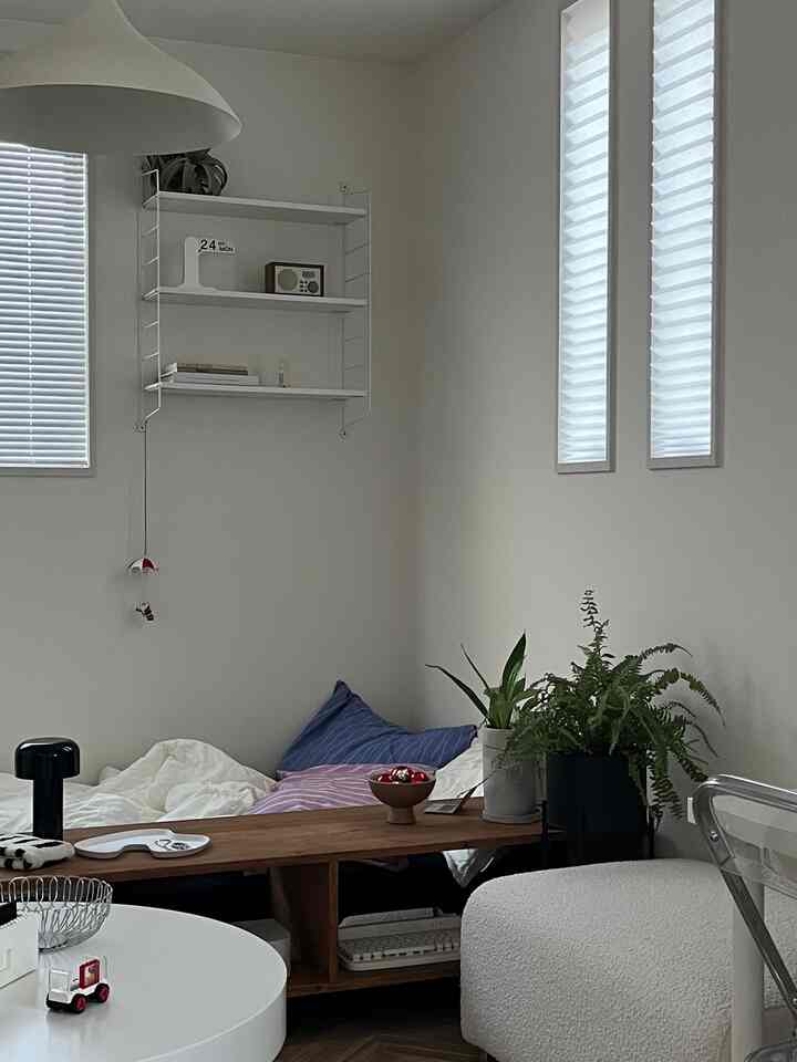 明るい白い壁と木目調の棚が配置された、植物があるコーナーの寝室、落ち着いた雰囲気のインテリア
