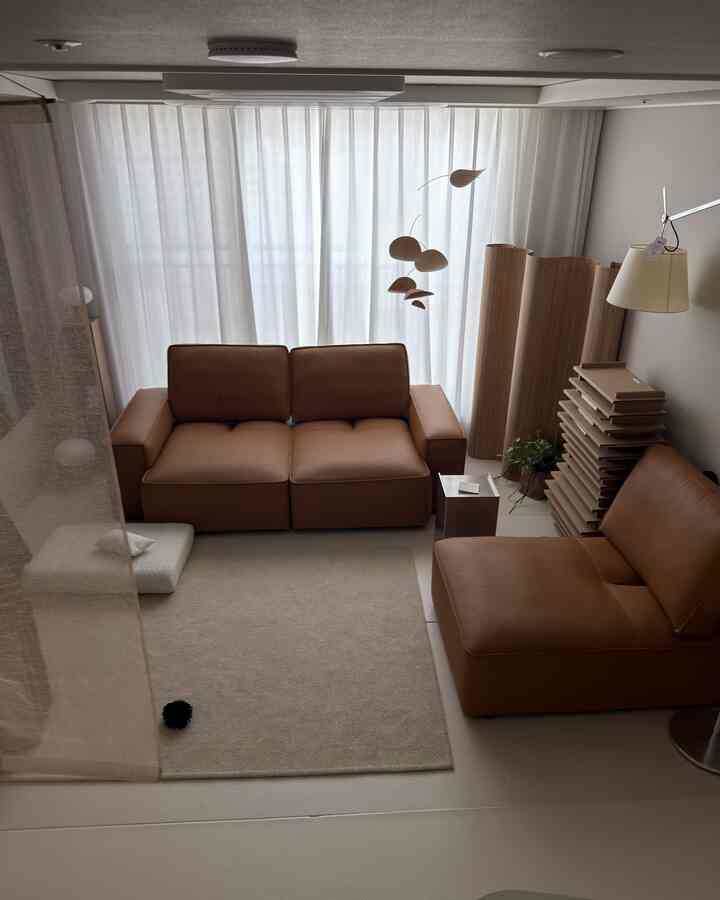 Cozy living room featuring warm brown modular leather sofa, beige rug, and wood tone partitions with soft natural light