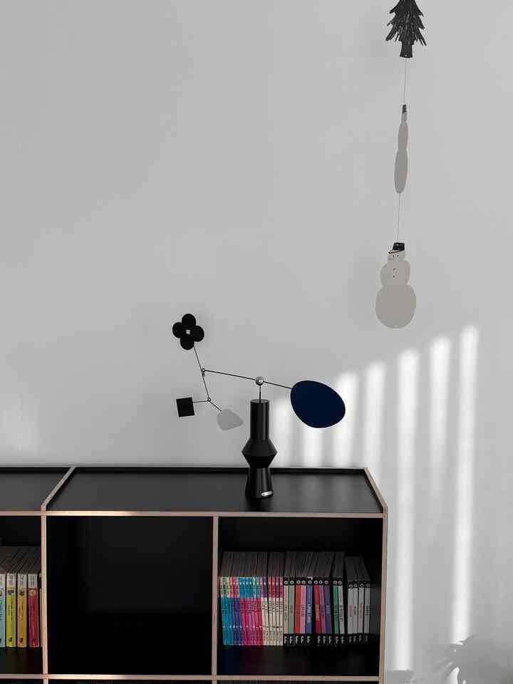 Simple living room with a white wall background featuring a black bookshelf topped with a decorative mobile and objet