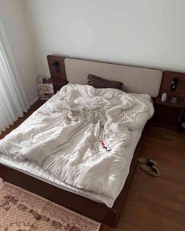 ナチュラルな木目調と白い寝具が調和したホテルライクな寝室、中央に猫が横たわっている印象的な空間。