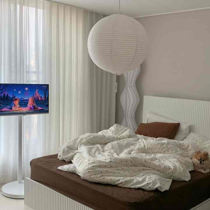 Warm and cozy bedroom with ivory pendant light and brown bedding