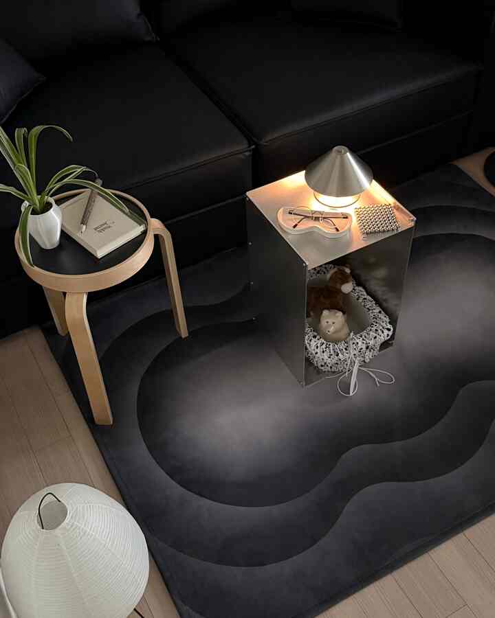 黒とグレーのトーンのリビング、黒いソファと金属製ペットハウスが配置された印象的な空間