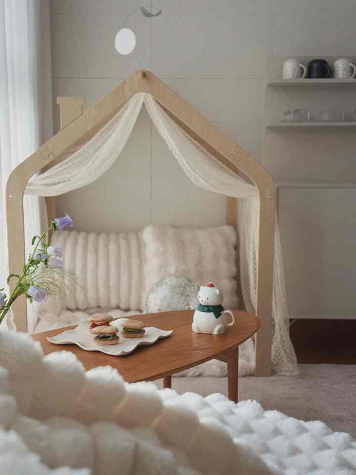 My child needed a cozy space of their own, so I set up the wooden tent he'd been sleeping in for a long time. It's already been discontinued, making it difficult to buy one. I've been using it since he was a baby. I don't remember every time I set it up, but whenever I lay down and hear his soft breathing, my heart feels fuzzy.
It's cold outside, but I smile and talk about the delicious side dishes and snacks we had at kindergarten today, while enjoying dessert and warm cocoa. Small joys well up in my mind.

#WarmToneInterior #거실 #아이가있는집 #원목텐트 
#LivingRoomInterior