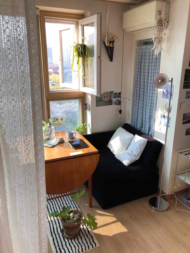Cozy studio apartment featuring a warm wooden table, black sofa bed, blue curtains with abundant natural lighting from open window