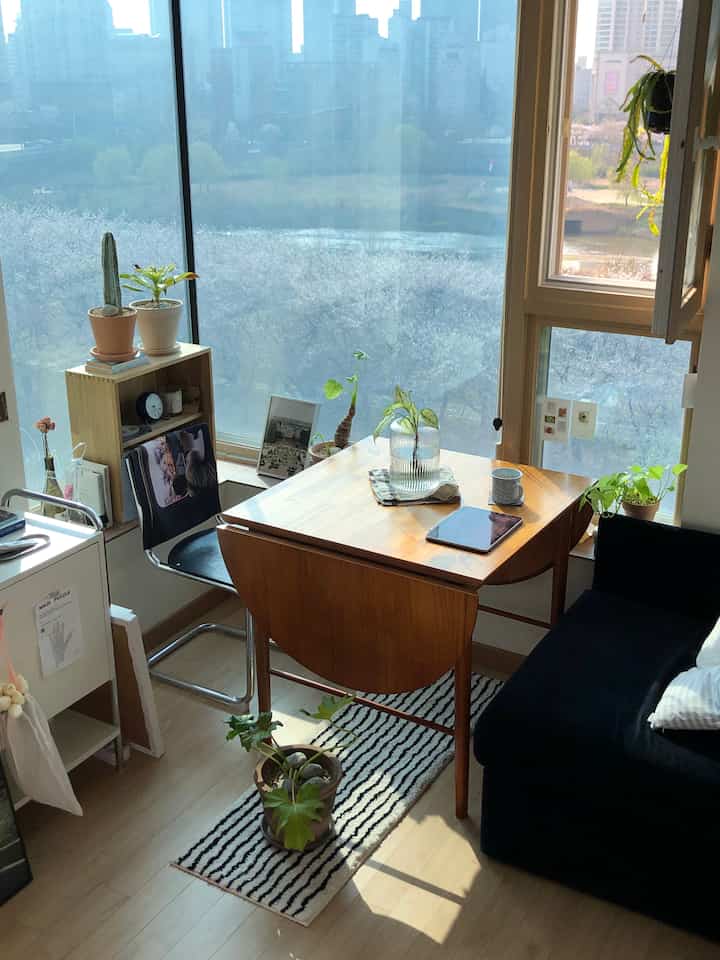 A natural modern compact dining room for a single household with wood tones and a black sofa, illuminated by large windows allowing abundant natural light