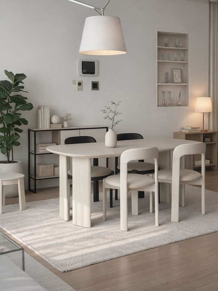 A white and brown toned dining room featuring a simple dining table with chairs, floor lamp, and plant creating a cozy atmosphere