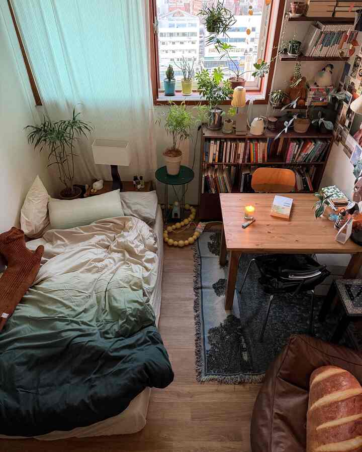 ウッドトーンのスタジオタイプ寝室兼ホームオフィス、緑の植物が配置された自然な雰囲気のあるインテリア