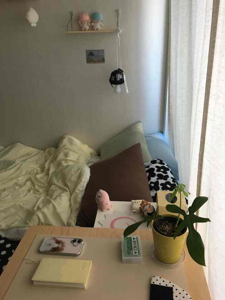 ナチュラルな色調の寝室、居心地の良い寝具と多様な枕が配置された狭い空間