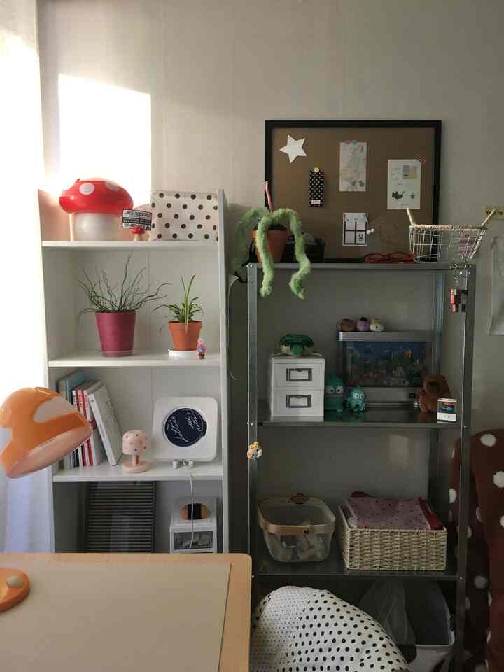 白と茶色の色調のワンルーム読書空間、本棚とテーブルランプが配置された雰囲気のあるインテリア