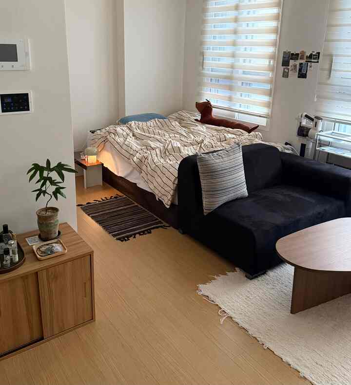 白と木目調が調和したワンルーム、ベッドとソファが配置された落ち着いた一人暮らしの空間