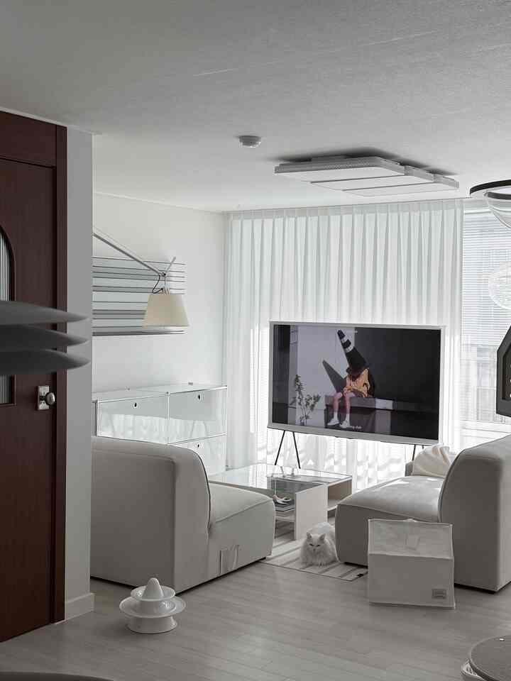 白とナチュラルトーンのリビングルーム、セリフテレビやコーヒーテーブル、猫がいるシンプルモダンな空間