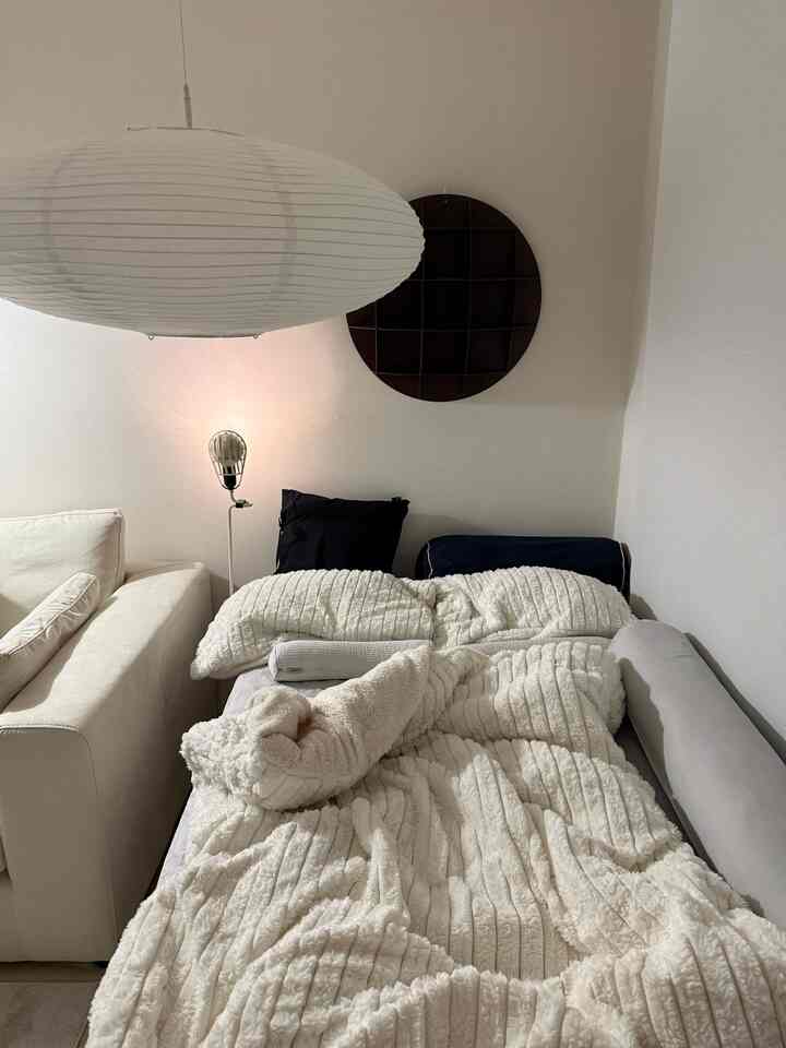 明るいホワイトトーンのワンルーム、クリーム色のソファと中央に寝具が配置されたソファベッドがある雰囲気のあるインテリア