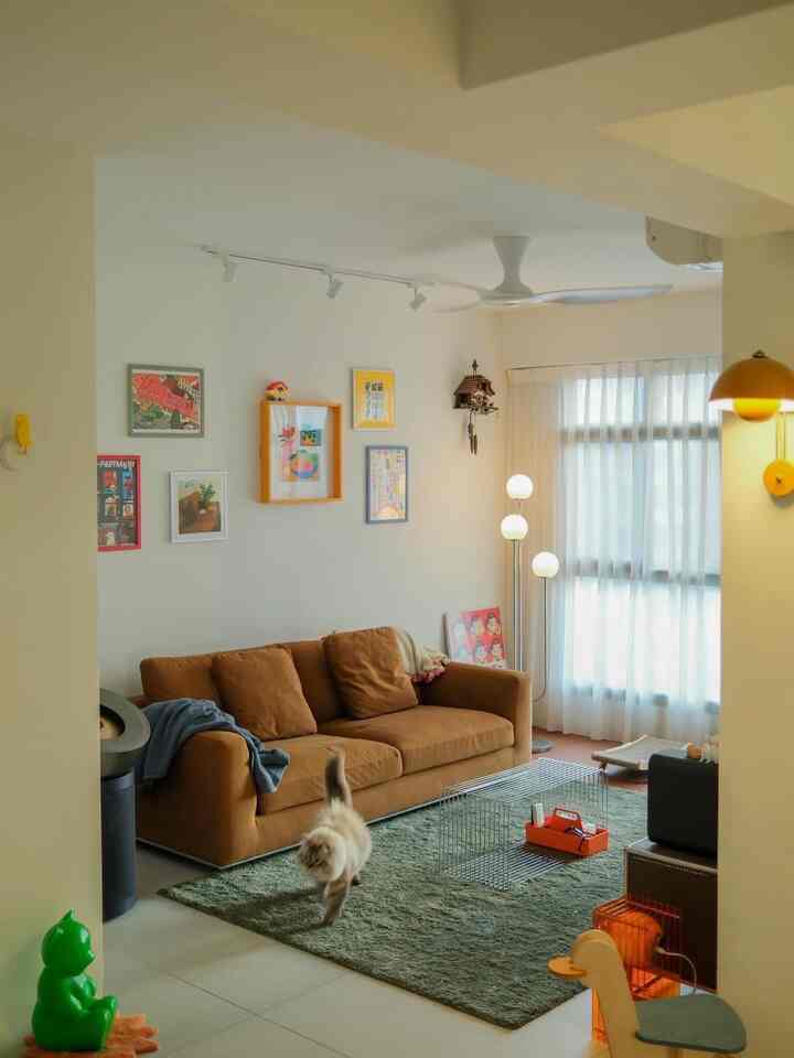 Natural modern living room with warm brown sofa and green rug, featuring a cat walking on the rug in a cozy atmosphere