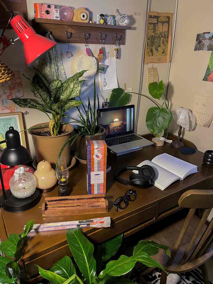 Cozy natural-toned home office space featuring wooden desk and chair with multiple plants and lamps creating a warm atmosphere